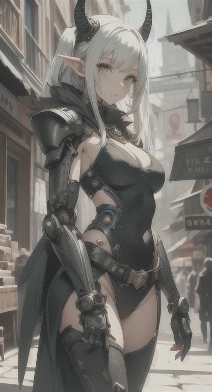 closeup cleavage, The world of dreams, Elf King's sister, Long face shape, spiny helmet, 超longponytail子, demons, humanoid creature, longponytail, Long elven ears,Her skin is very white, White complexion, Clear eyes, Intricate black armor, disheveled black hair, black cloth, Monocular eye patch, Broken black armor, saber, eye patch over left eye