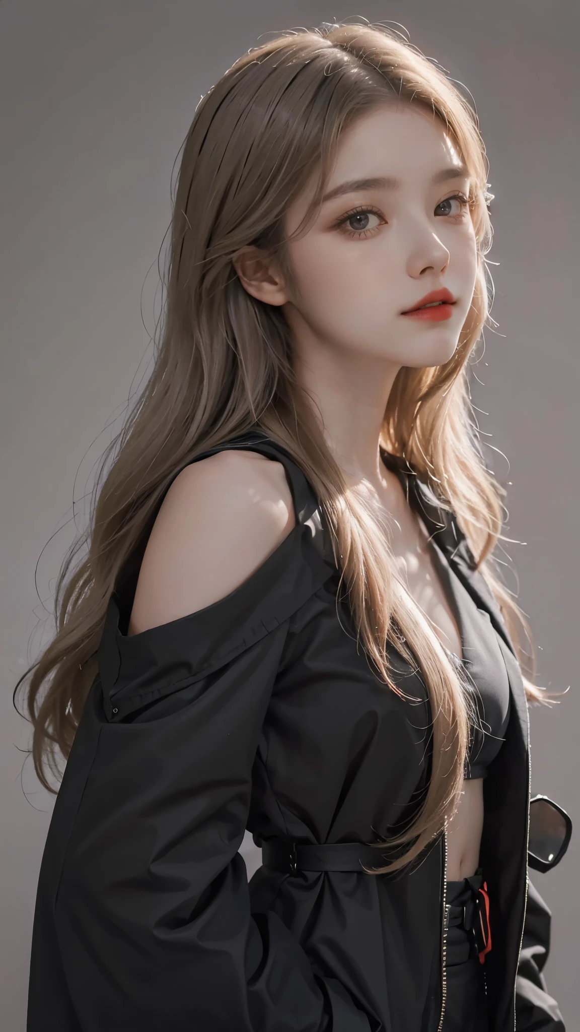 Best quality, masterpiece, ultra high res, (photorealistic:1.4), raw photo, 1girl, blonde hair, blue eyes, detailed eyes and face, black suit, dynamic lighting, in the dark, deep shadow, low key, cowboy shot full-lenght body