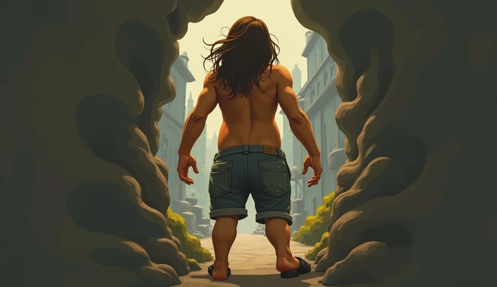 oil painting, full body, back view, style of Peter Paul Rubens, a Male satyr gladiator, chest, abs, slim waist, hairy , (()), renaissance style, perfect composition, canvas texture, landscape background, view from the back