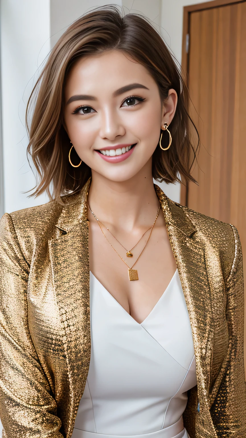 RAW Photos, High resolution, Very detailed, Intricate details, 、ear piercing、、short hair、Light brown hair、Office Lady Suits 、Jacket、shirt、smile、Beautiful teeth alignment、、Heavy makeup、Necklace around the neck、, The background is the office
