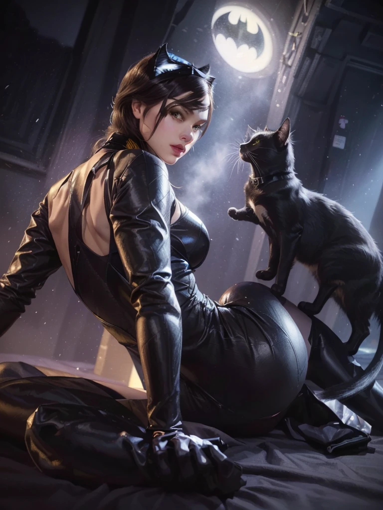 (masterpiece, 4K resolution, A hyper-realistic), chatnoir, 1girl, marinette dupain-cheng, perfect butt, cat ears, Night sky middle breast, bodysuit, ring bell, green eyes, showing ass, big ass