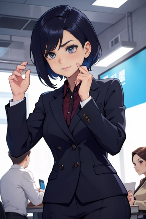 A career woman, 3, wearing a suit,Hairstyle: Short Hair Permanent,