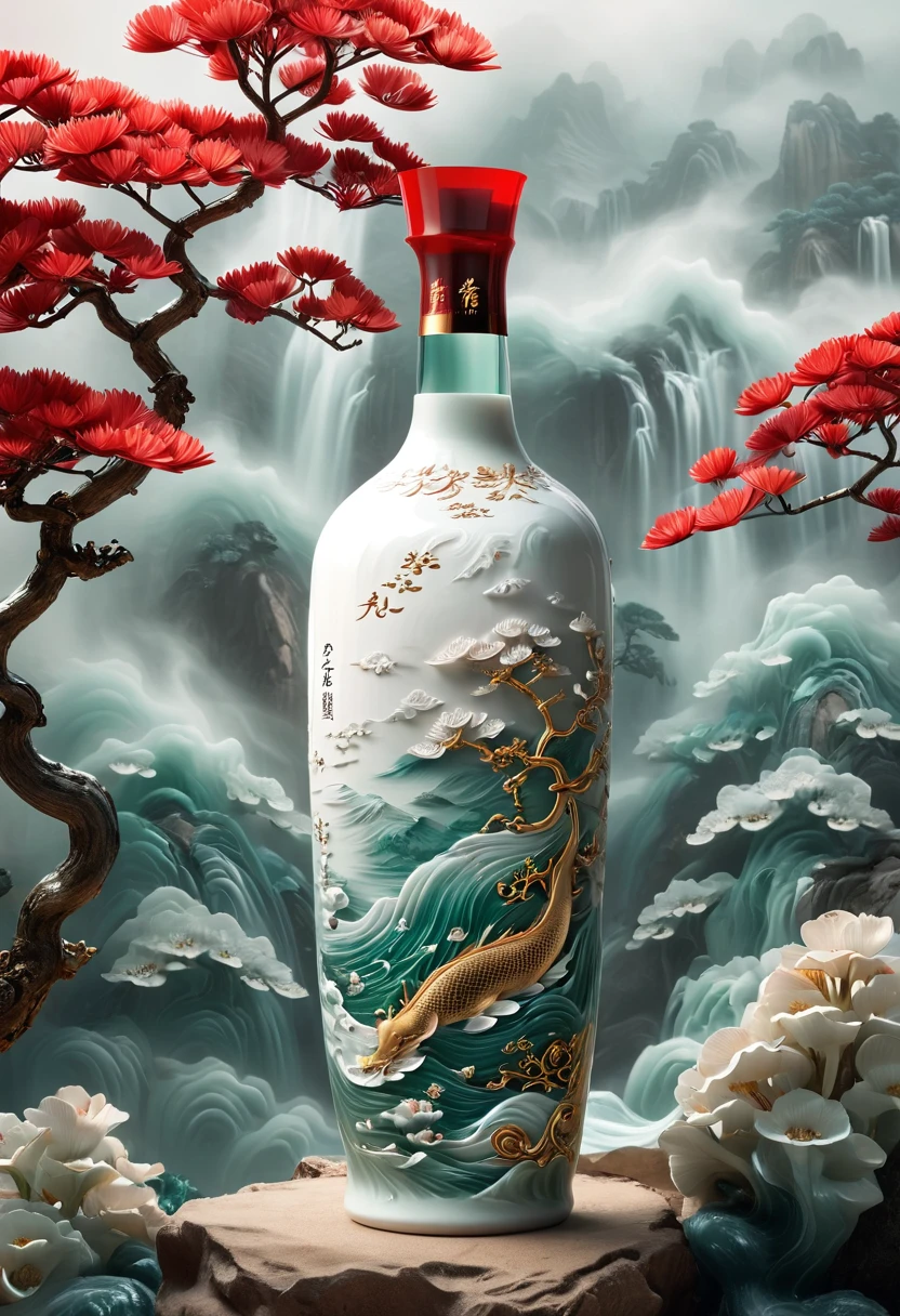 /I The packaging of this high-end Chinese liquor focuses on the poetry of Li Bai and the ancient imperial spirit, and the bottle is cylindrical in shape, incorporating modern minimalist lines to present a smooth and stable outline. The mouth of the bottle is lotus shape, the body of the bottle is ceramic texture, Chinese red as the main color, and decorated with the emerging Tang Dynasty scroll pattern, with Li Bai's poem, the font laser engraving, low-key and exquisite. The label design is simple, the combination of gilt printing and seal script is adopted, and the overall style is a perfect fusion of classical and modern, focusing on extreme details and high-level texture, presenting a high-end experience of luxury and connotation. C4D, white background --ar 3:4 --v 6.1