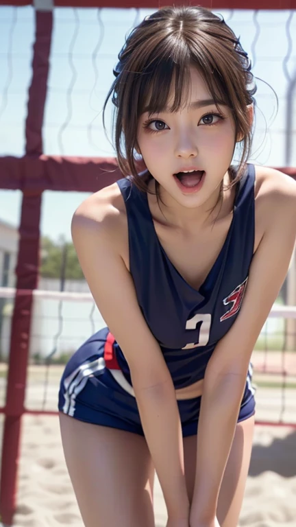 (((Best Quality))), ((masterpiece)), (detailed), ((solo)), (((((((An 1 high school girl wearing a volleyball uniform))))))), tall, ((White skin)), ((((Angle of view that includes face and whole body)))), (((Well-formed face))), ((Big Eyes)), ((((((((Droopy eyes)))))))), ((((Closer Eyes)))), ((Glowing skin)), ((((Correct Anatomy)))), (Spread your legs), (((((((Slender lower body))))))), ((((Stylish bangs)))), ((((((Stylish hairstyle)))))), (((((Slender and slim lower body))))), Crouching, (((Open Mouth))), (((((Sticking out tongue))))), (Showing tongue), ((((Top view)))), ((((((Leaning forward)))))), ((Cheek)), (((Shorts))),