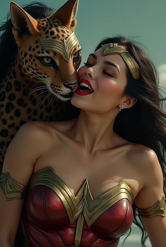 Gorilla and Wonder woman doggy style sex in the jungle, gorilla kissing breast wonder woman. Wonder women looks very horny. Make realistic , 8K, ultra HD. Detail .