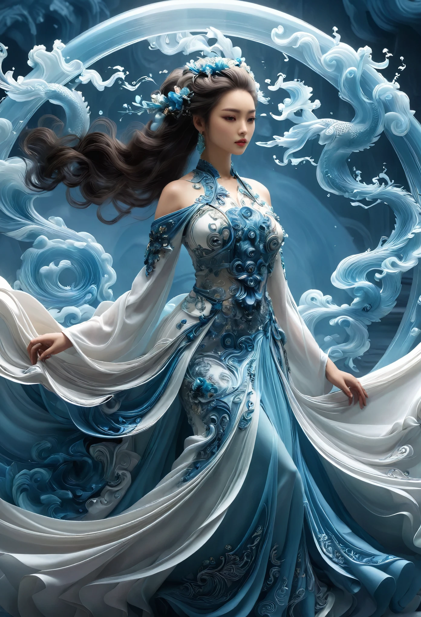 illustration、Chinese Mythology、woman、Dress、assassin、Flying skirt、line、spiral、Chinese classical elements、Solid color background、Dark style、
