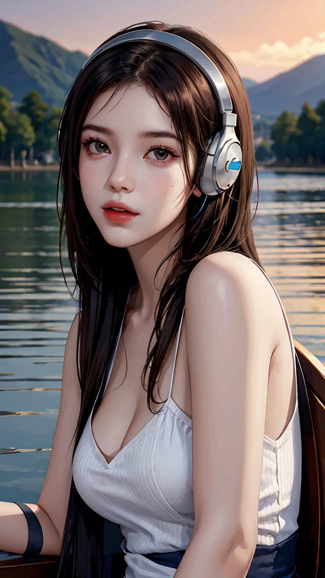 Sexy girl , beautiful detailed face, sitting by a lake, headphones on, listening to music, scenic lakeview in background, detailed realistic , cinematic lighting, warm color tones, highly detailed, 8k, photorealistic, masterpiece