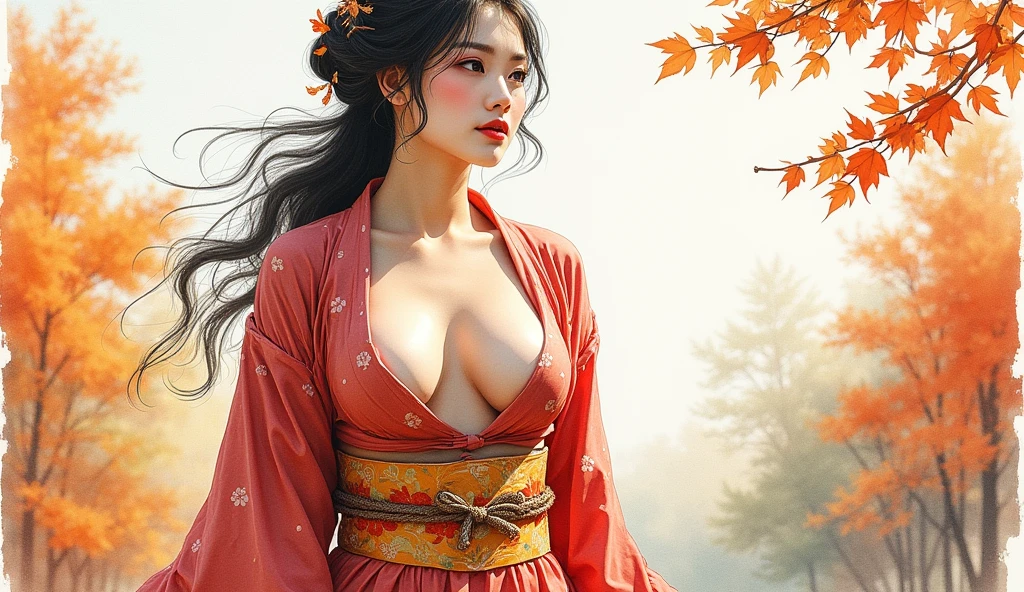 Samurai, big breasts, looking up, woman, two swords, autumn background, long black hair