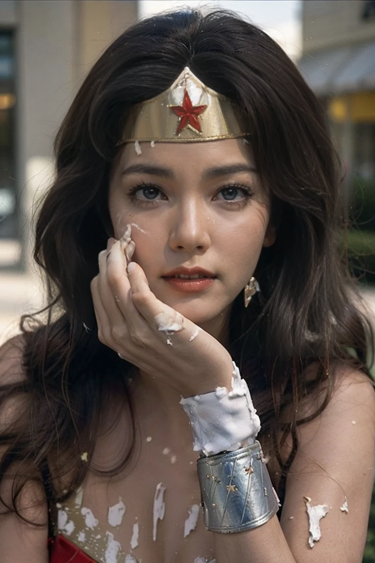 A lot of chocolate cream on my face、Whipped chocolate cream covers your face、Chocolate cream pie on the face、Chocolate cream pie on the faceが貼り付く､私はWonder Womanです､A sticky  drips from my hair.、完璧なWonder Womanの衣装,Brown Hair,  masterpiece、beautiful girl、Best Quality, 超High resolution, (reality: 1.4), Cinema Lighting,so beautiful、Beautiful Skin、(超reality的な)、(High resolution)、(8k)、(Very detailed)、(Very detailed)、 Detailed face、Brown Hair、20 years old、Wonder Womanのコスプレ，Wonder Woman