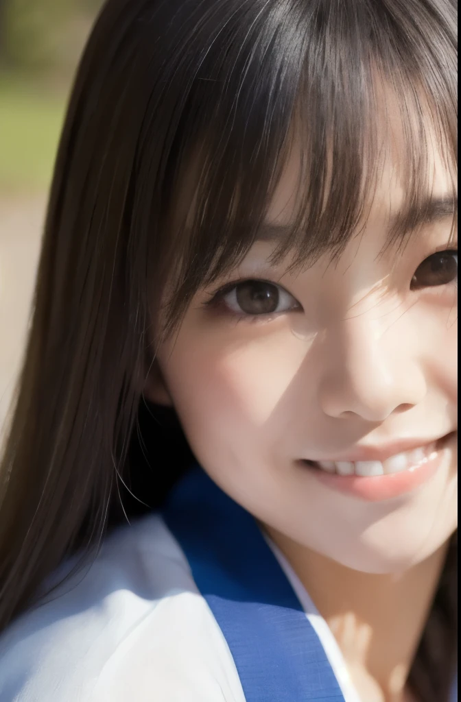 lens: 135mm f1.8, (highest quality),(RAW Photos), (Tabletop:1.1), (Beautiful Japanese Women), Cute face, (Deeply chiseled face:0.7), (freckles:0.4), dappled sunlight, Dramatic lighting, (Japanese School Uniform), (On campus), shy, ponytail, (Close-up shot:1.2), (smile),, (Sparkling eyes)、(sunlight),