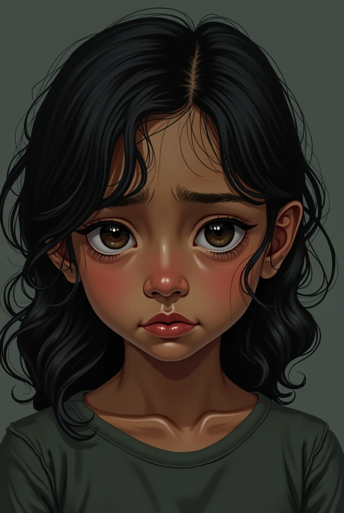 Imagen 2D, boy with long hair, dark brown complexion, white eyes, black t-shirt