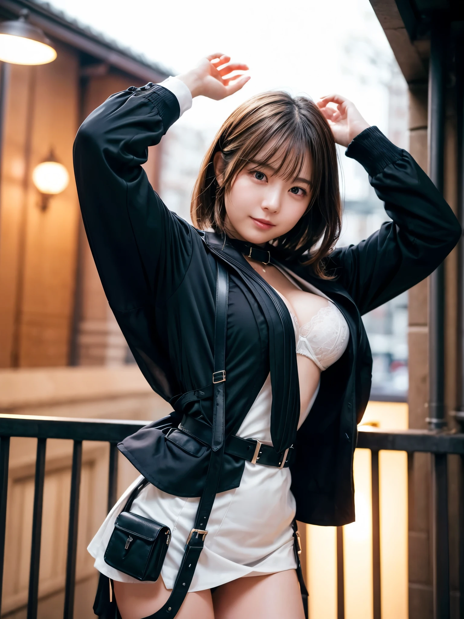 a bikini girl on street, black bikini, leg strap, cropped hoodie, black bikini, long sleeves, detailed face, beautiful eyes, beautiful lips, cleavage, smiling, night street, no bag, (RAW photos, top quality, realistic, photorealistic: 1.3, professional lighting, masterpiece, very delicate and beautiful, highly detailed, CG, unity, fine details, highly detailed 8k wallpaper, huge file size, super detail, high resolution)