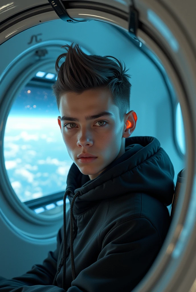 A young man((one man)) in a large high-ceiling room in a wide shot, stares out of a large window as 4 spaceships fly by in the distance through a bright sunny sky, filled with large white puffy clouds. ((Perspective is behind the young man)) The ships leave a trail of cloudy streaks in the sky as they zoom past the ((very large window))