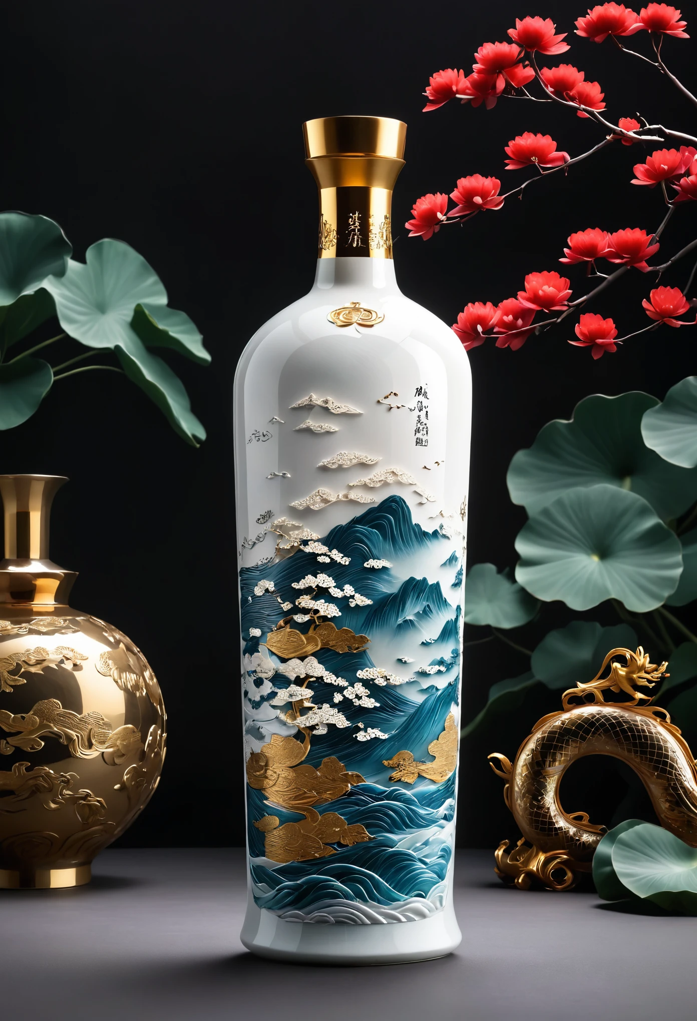 /I The packaging of this high-end Chinese liquor focuses on the poetry of Li Bai and the ancient imperial spirit, and the bottle is cylindrical in shape, incorporating modern minimalist lines to present a smooth and stable outline. The mouth of the bottle is lotus shape, the body of the bottle is ceramic texture, Chinese red as the main color, and decorated with the emerging Tang Dynasty scroll pattern, with Li Bai's poem, the font laser engraving, low-key and exquisite. The label design is simple, the combination of gilt printing and seal script is adopted, and the overall style is a perfect fusion of classical and modern, focusing on extreme details and high-level texture, presenting a high-end experience of luxury and connotation. C4D, white background --ar 3:4 --v 6.1
