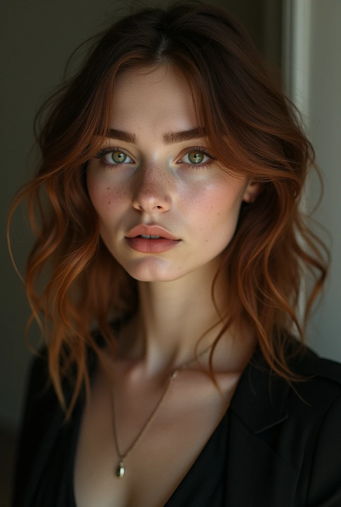 ((Full-Body Shot)),a photo of a seductive woman with loose styled redhead hair, bored, she is wearing Bandeau Top and Dress pants, , mascara, (textured skin, skin pores:1.2), (moles:0.8), (imperfect skin:1.1), intricate details, goosebumps, flawless face, (light freckles:0.9), ((photorealistic):1.1), (raw, 8k:1.2), dark, muted colors, slate atmosphere, RAW candid cinema, 16mm, color graded portra 400 film, remarkable color, ultra realistic, textured skin, remarkable detailed pupils, realistic dull skin noise, visible skin detail, skin fuzz, dry skin, shot with cinematic camera, detailed skin texture, (blush:0.5), (goosebumps:0.5), subsurface scattering