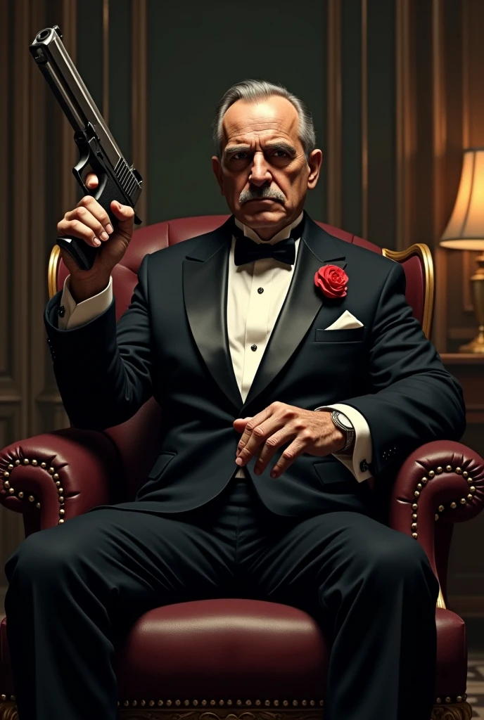 mafia boss, powerful presence, wearing a stylish tailored suit, dark sunglasses, enigmatic expression, surrounded by luxury and danger, smoky ambiance, dimly lit bar backdrop, flickering candlelight casting shadows, high stakes, classy vintage decor, subtle tension, sharp details, ultra-detailed, cinematic quality, moody atmosphere