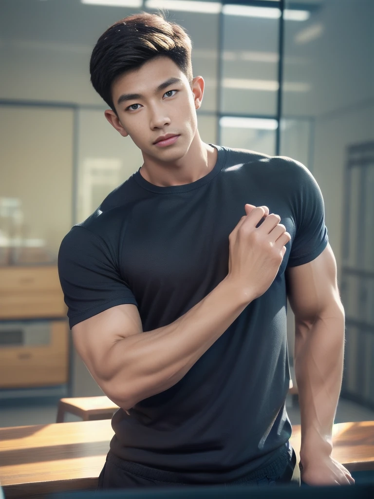 (armface:1.3) , Handsome man standing, (have a mustache:0.8) , (short hair:1.2),(Round neck t-shirt:1.2), (Dark blue shirt:1.2),black pants, Big muscles, Handsome and muscular, full body angle, (Glass on the table:1.1), (Blurred background:1.5)