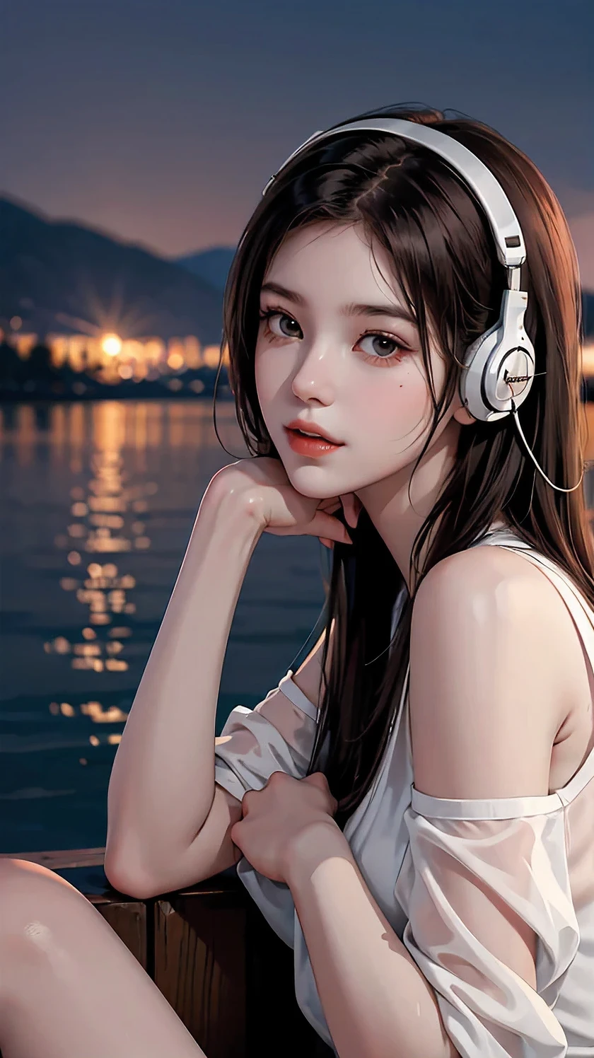 Sexy girl , beautiful detailed face, sitting by a lake, headphones on, listening to music, scenic lakeview in background , cinematic lighting, warm color tones, highly detailed, 8k, photorealistic, masterpiece