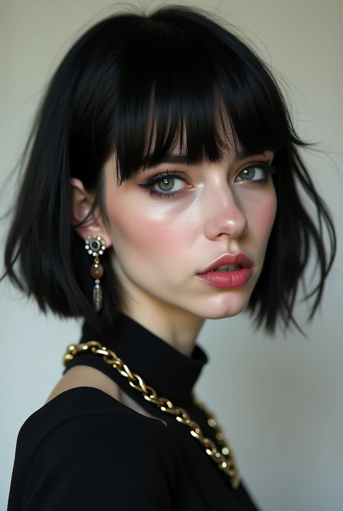 RAW photo, best quality, masterpiece, photorealistic, Polish girl, 20 years old, black hair, Light grey eyes, short bob cut, hair in 7 thirds, hair over one ear, Symmetrical eyes, pale skin, Big Breasts, rip gloss, Gel Nails, Various poses, Accessories, various poses,