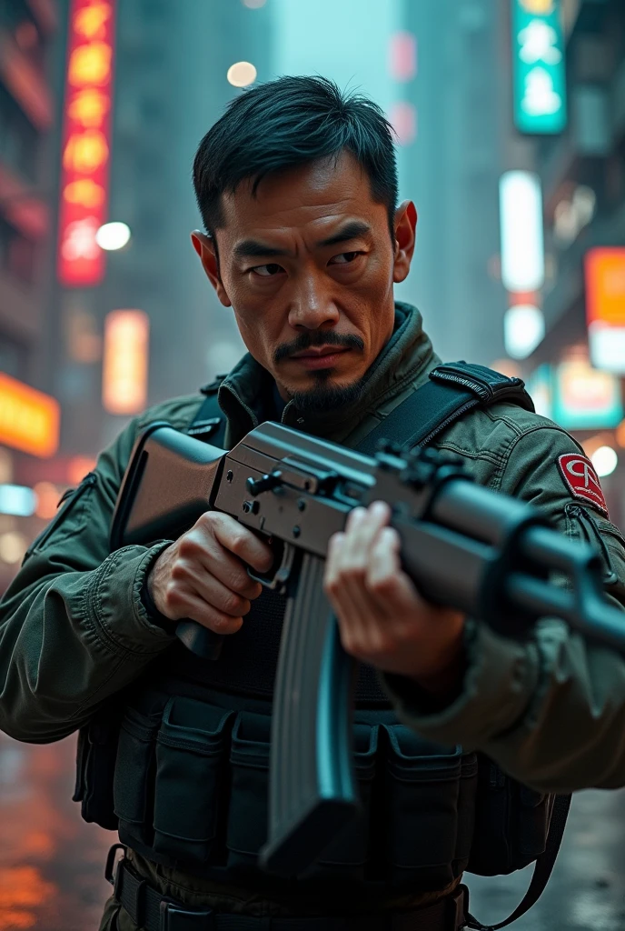 masterpiece,best quality, lens flare, depth of field,1men, (close-up:1.3), (wide shot, fisheye:0.85), facefocus,standing, (holding weapon, holding rifle,aiming,aim:1.2), open fire, firing, sunny,blue sky,cloudy sky,city,street, skyscraper, (holding weapon, assault rifle, aiming looking at viewer: 1.2), absurdres, highres, high quality, <lora:chengkuian:0.9>