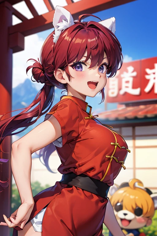 ore no imouto ga konna ni kawaii wake ga nai, 25-yers-old girl with crimson red hair- pulled up into twin ponytails, wearing a rainbow cheongsam, hallway background, upper body, smiling