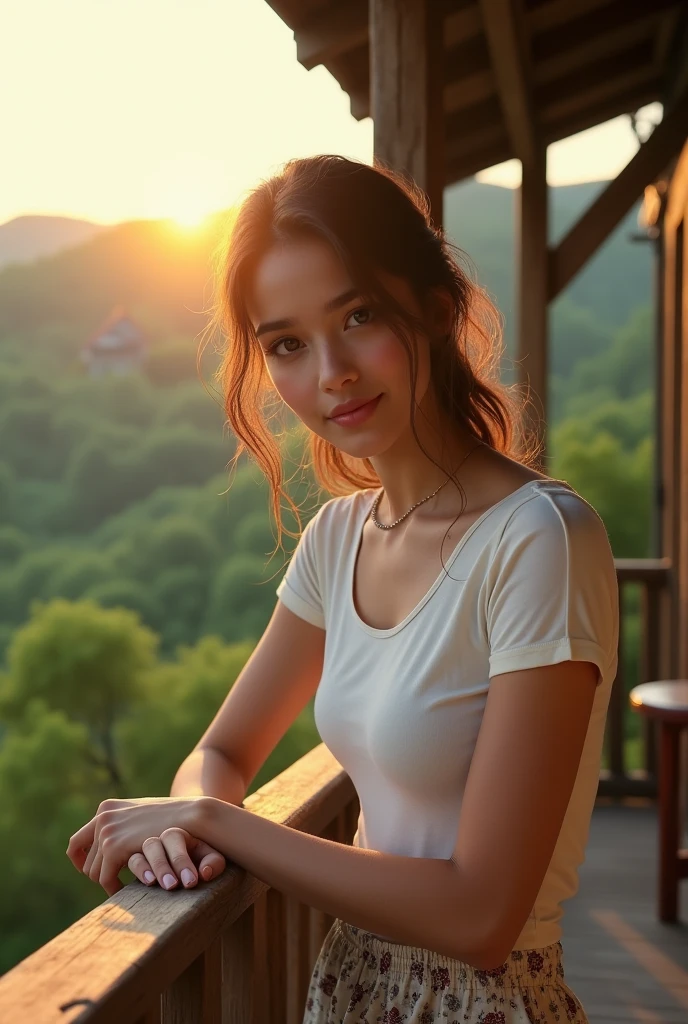 (Sitting pose, side view: 1.4), (portrait photo: 1.4), RAW UHD photo of a woman, (laughing face: 1.2) (Blonde long hair: 1.0), (Large Breasts: 1.5), (playful expression: 1.4), (wearing a red dress), Background is a cityscape, sparkling green eyes with high detail, (perfect anatomy: 1.5), (sunset time: 1.5), (warm light mood and tone: 1.5), (medium light: 1.6).