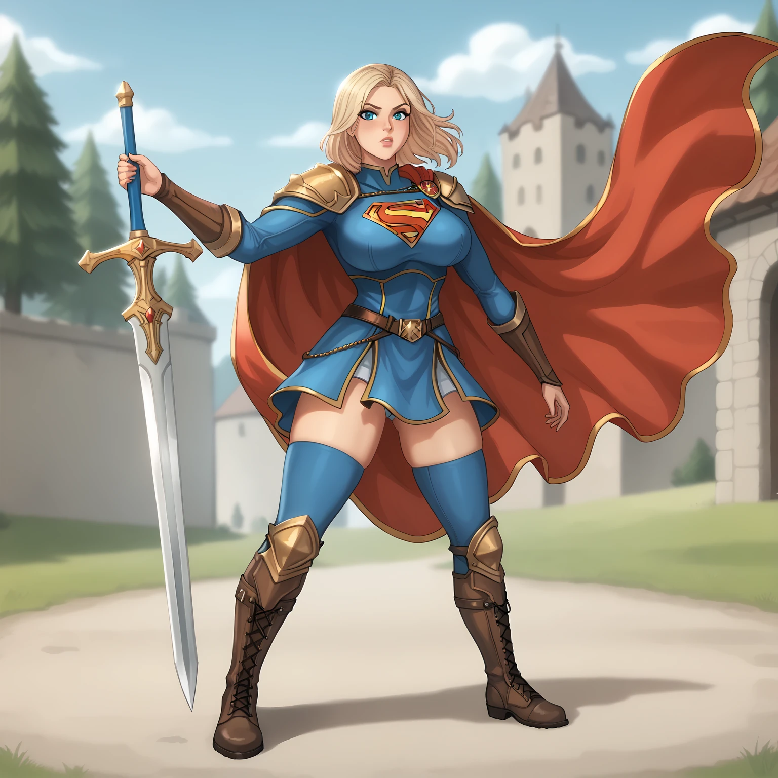 Supergirl paladin warrior in paladin clothing, voluptuous body, medieval, isekai, Shoulder length hair, split hair style, Full armor with cape, High combat boots, sword
