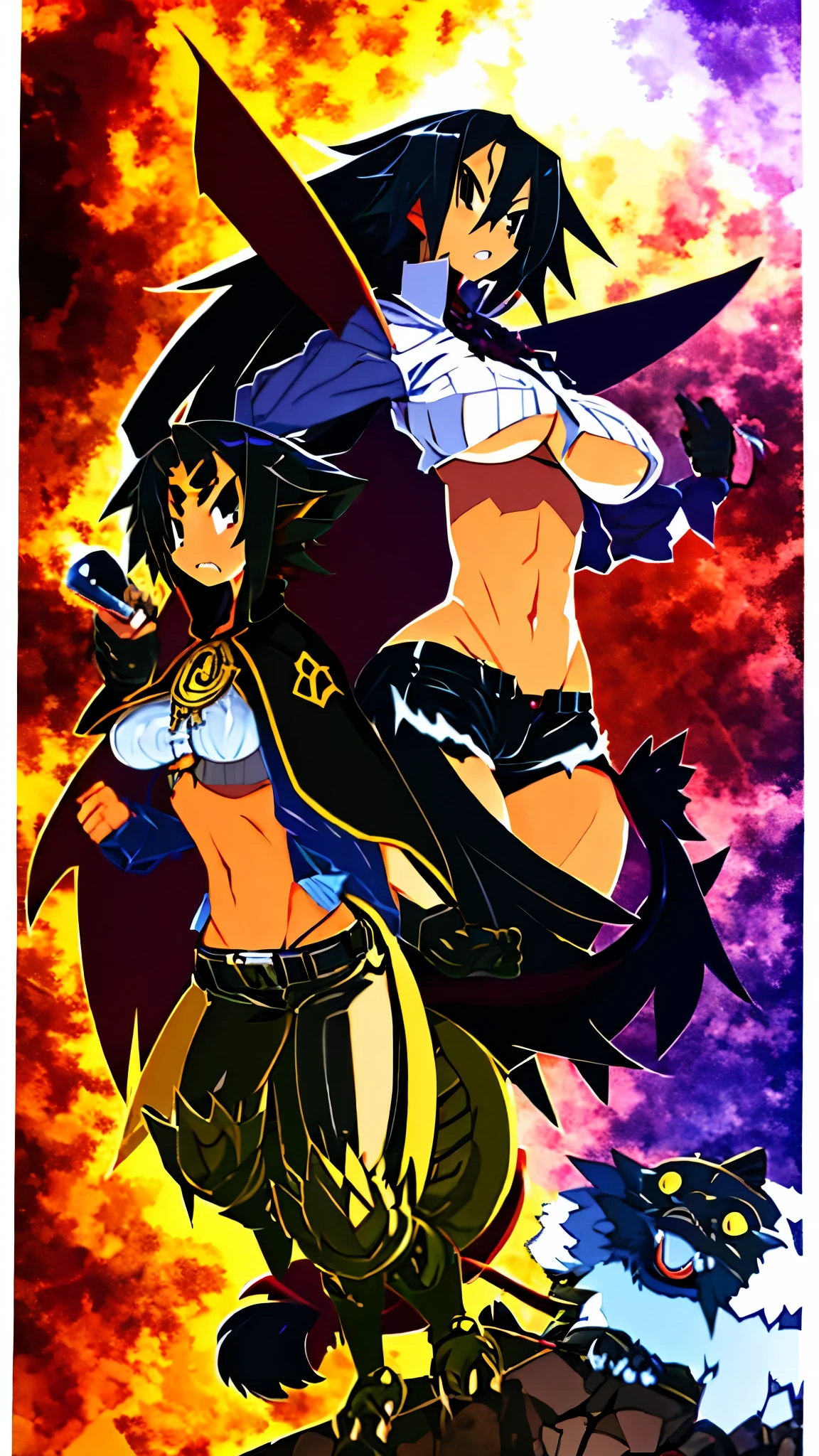 an animated character is in the background of a video game screener and an image of a girl in an with a sword on her shoulder and her breasts spread out