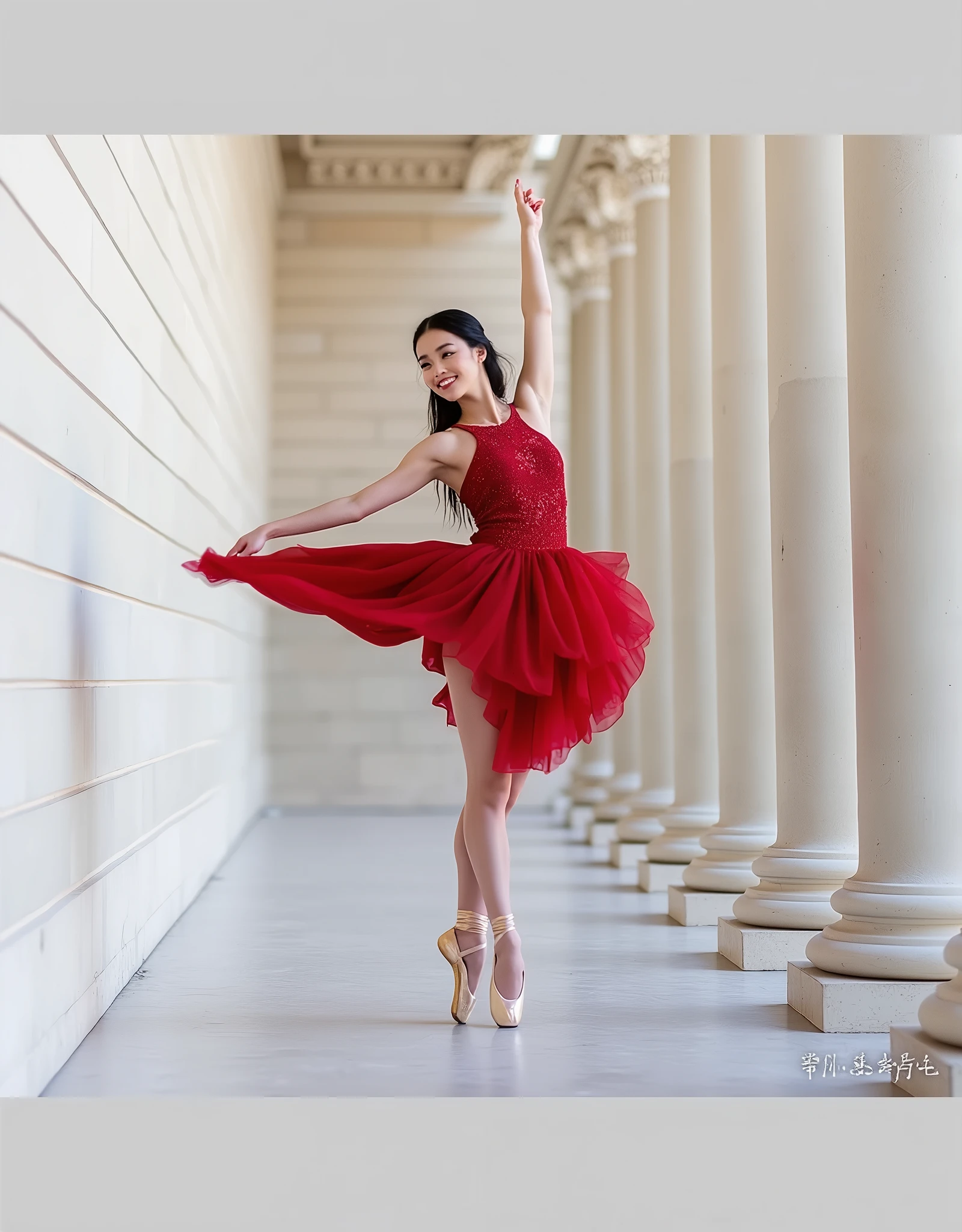 **Artistic and stylized photography showing a flamenco dancer in a stylized pose. The dancer, with a slender build and light skin, is captured in silhouette against a deep black background. She wears a bata de cola in black and red tones and gracefully holds a fan. The flamenco dancer lights up around her with a gradient of warm colors, ranging from orange to yellow. Her hair is neatly tied up in a bun and she is standing on one leg, pointed, with the other leg bent at the knee. The overall composition is dynamic and elegant, emphasizing the fluidity and grace of the dancer's movements**