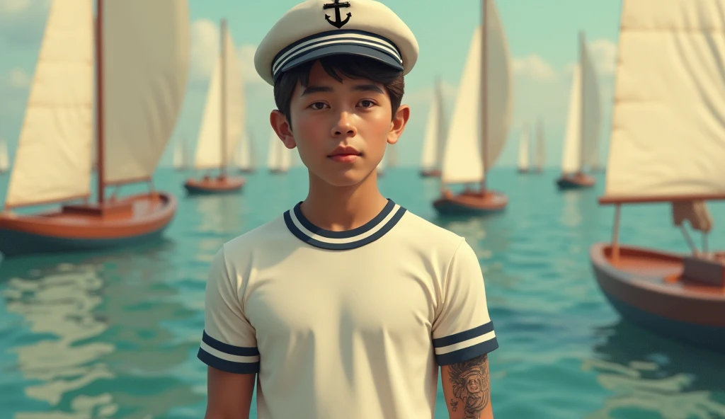 Boy in red hat sitting on boat and seagull, he's on an old sailing boat, On a boat, on the bow, On the sea, children's, On a yacht at sea, On the ocean, Set sail, sailor outfit, on a boat on a lake, relaxing on a yacht at sea, seagull wearing luigis hat, Cute boy
