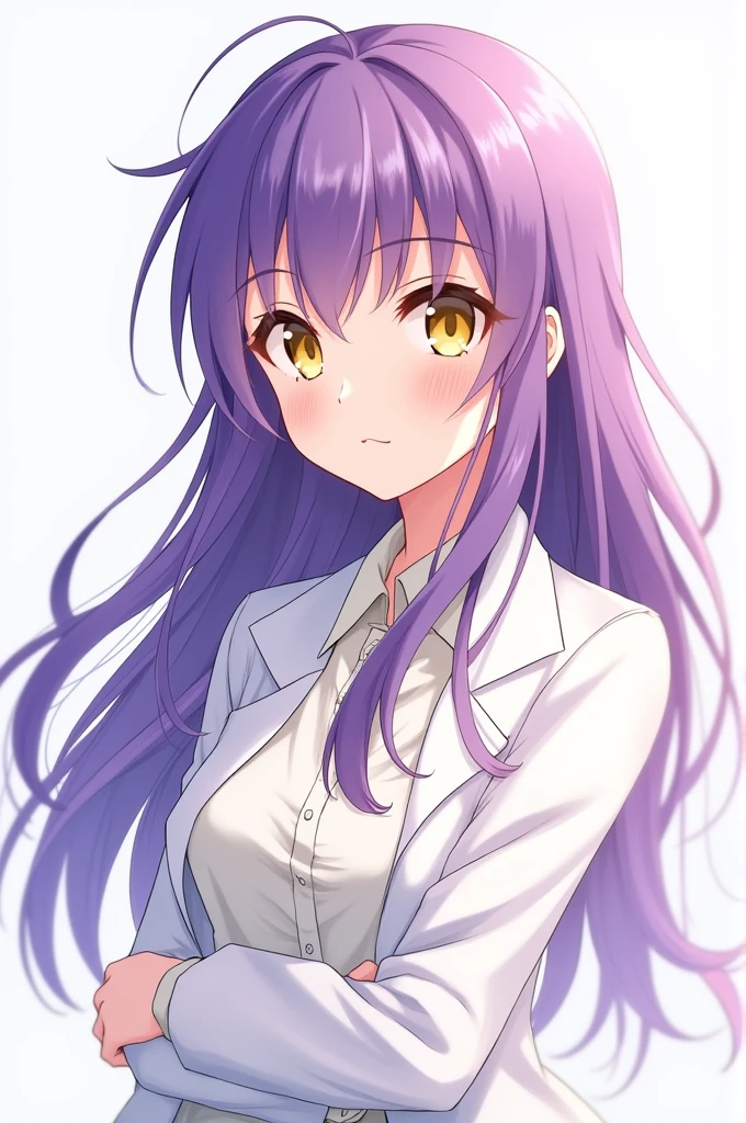 Anime girl, , purple hair, yellow eyes, white coat