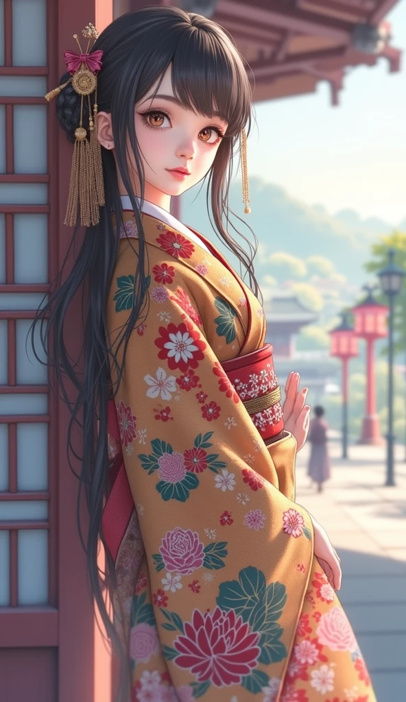 cute girl,bluck long hair,kimono style