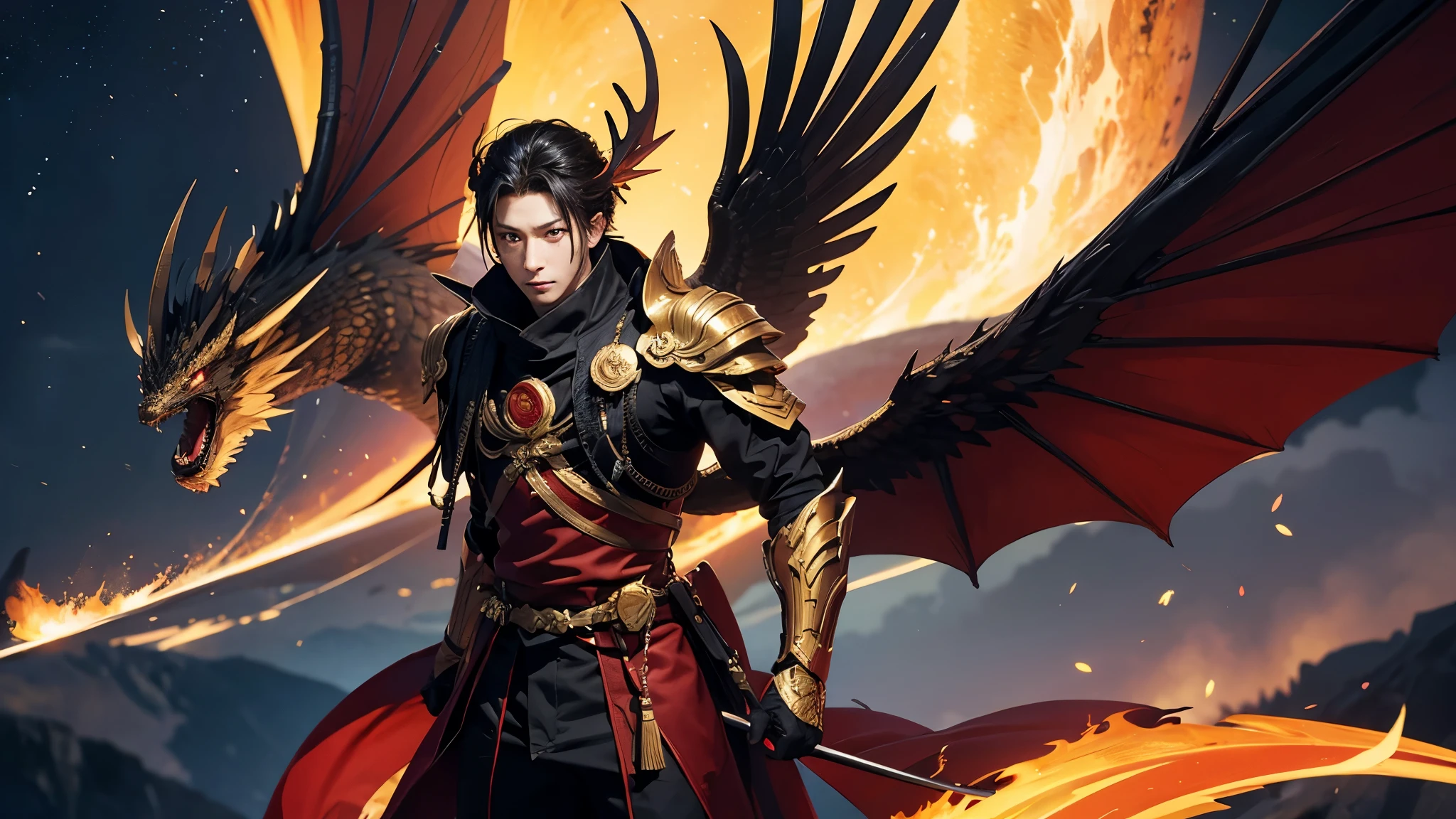 A white-skinned prince, Medium length black hair with red tips. Blue eyes, pink lips and a black and blue fire Phoenix Dragon behind him. He will have a warrior outfit and on the chest of his outfit there will be the logo of a dragon head and a wing. U.S. citizenship 