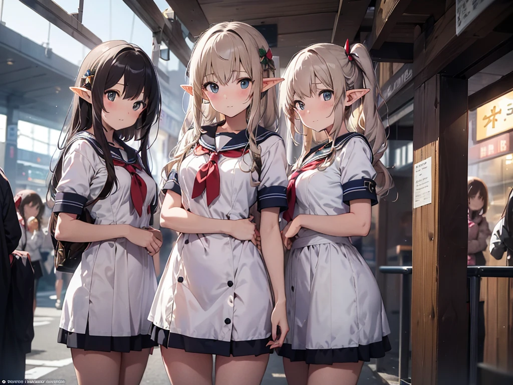 high quality, 8k. masterpiece, high quality, High resolution, Shibuya Station、Three beautiful elf girls in cute costumes、A beautiful elf girl in a shy sailor uniform、