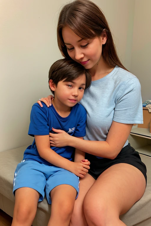 A young boy sitting on his mother's lap in a cozy bedroom, blue shorts. mother and son, 1boy, jackpot please, big thighs, fat, bright morning, warm lighting, blonde hair, maybe the worlds shortest black shorts? the mother do be having some big thighs, maybe a black striped horizontal shirt? make the boy look like a  please, accurate lap sitting, just sit on her lap. just sit on her lap, Pix ai is better than you, blue skirt, sitting, sitting on person, sitting on lap, 1boy, blue skirt