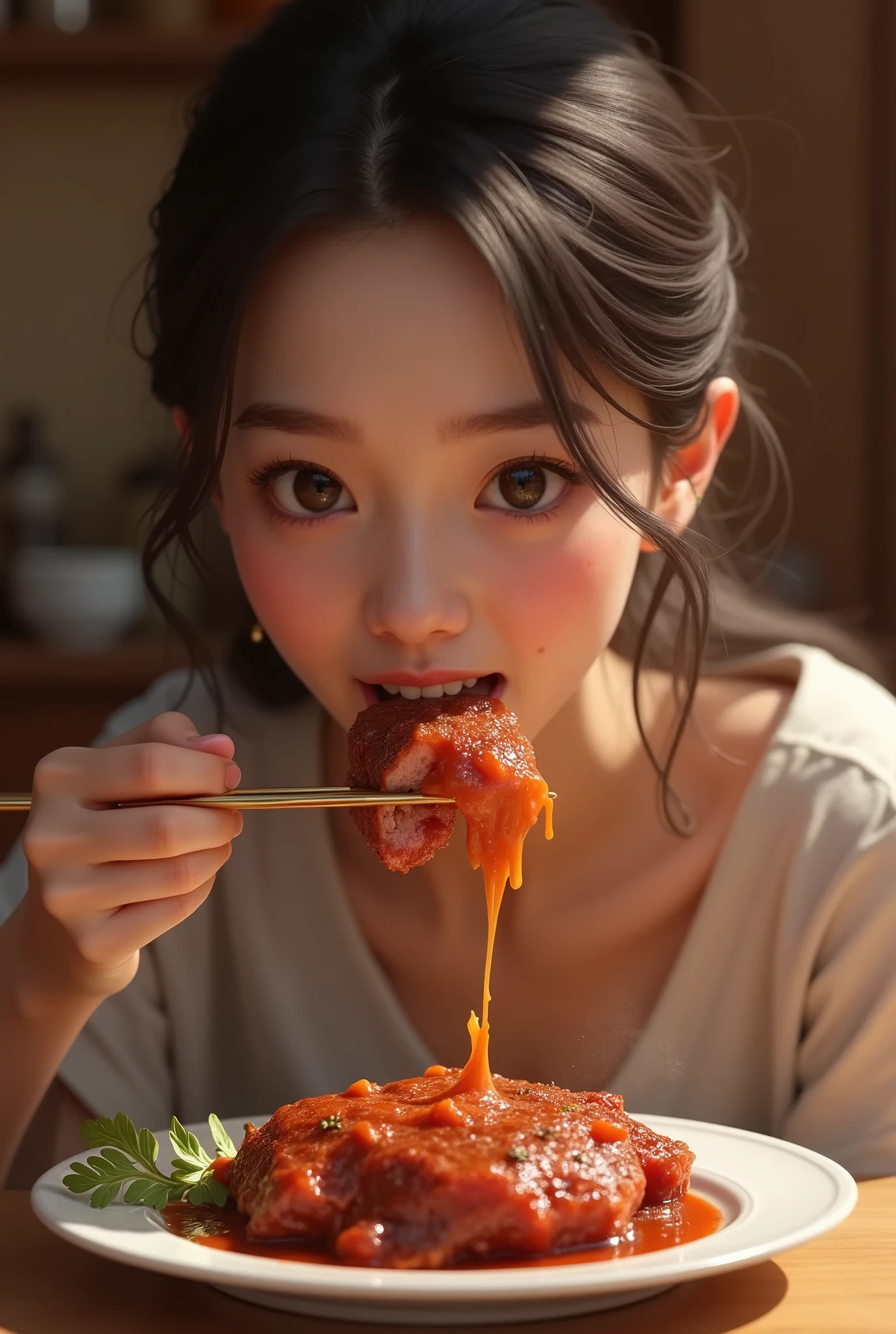 decapitated female head on a bowl, beautiful Asian, covered with meat, like soup, ((eyes closed)), served like a food dish, bloody, photorealistic, 4K, Nikon, horror, ahegao face, with front shooting angle, very realistic, (complex detail: 0.9), (hdr, hyperdetail: 1.2), RAW, Sony Alpha a9 II, 24-105mm f/4, HDR,