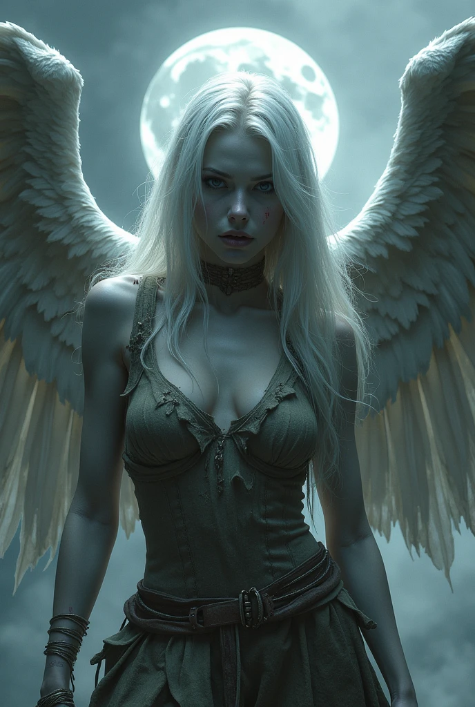 Beautiful adult angel girl with beautiful long blonde hair chaos around her ((beautiful render)) ((worked out person)) ((detailed skin)) ((gloomy atmosphere ))