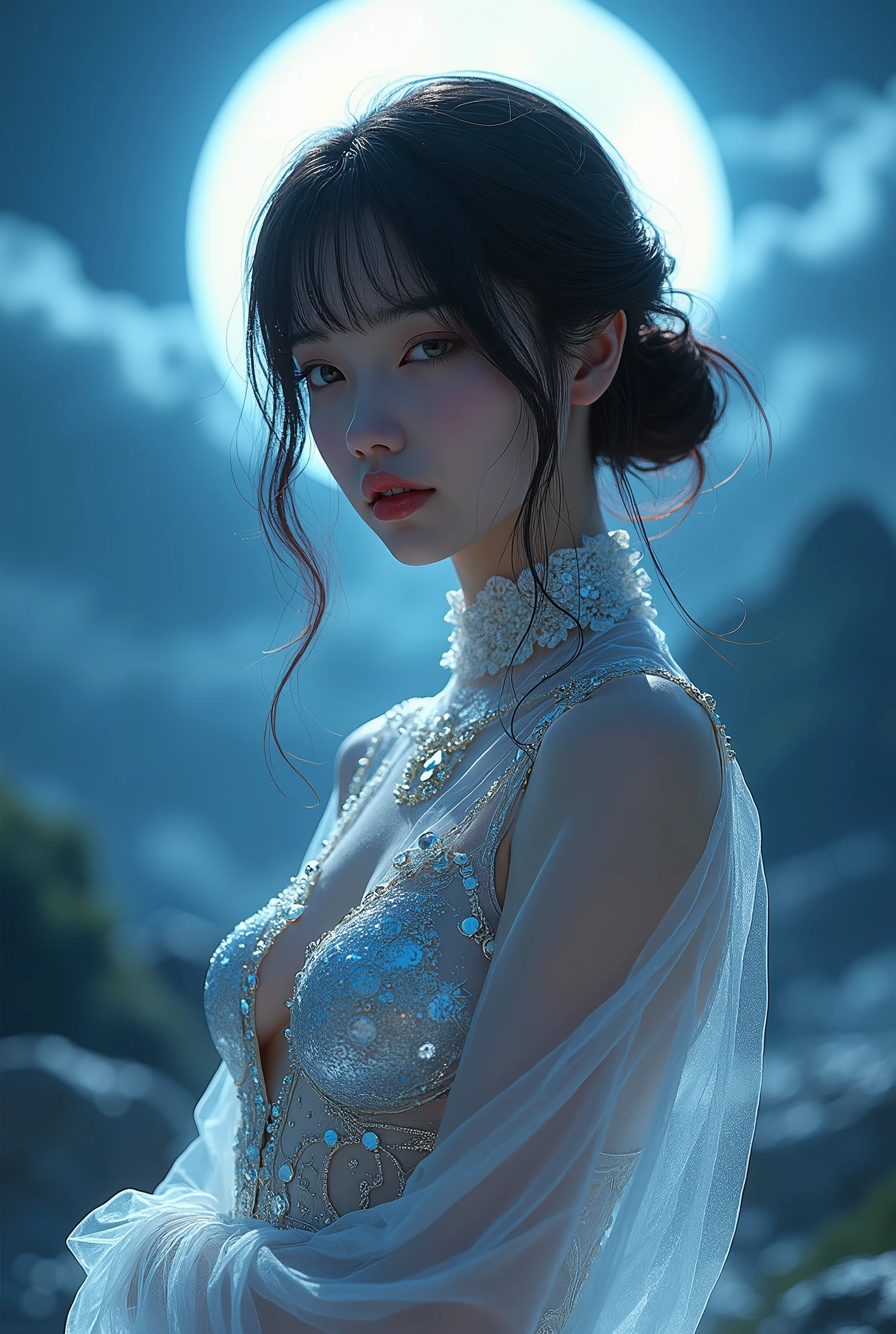 ((2 girls,beautiful woman sitting on rock in the middle of the sea)), lady goddess of the sea, surreal art, exhibition art, fantasy, ((o mouth,sunset cloudy sky)), (sunset sunset with dark clouds)), ((slight drizzle)), ((lightning)), art by Michelangelo Buonarroti, Mikko Lagerstedt and Dan Mumford, realistic, highly detailed and intricate details, complex background, fog, sharp focus, dynamic pose, light, very long black hair with shiny gold, dimensional portal, transparent silk clothing, filigree, highly detailed face, dynamic lighting, perfect proportion, intricate clothing, clarity, high quality, sharp focus, safe, caucasian goddess, transparent silk clothing, beautiful breasts, naked lady, very long black hair with shiny gold, golden flowers, ((huge full moon behind the lady)), celestial atmosphere, splash, dripping paint, spatula painting, swirling waves, abstract waves, lantern and lamp,, (((transparent clothing showing naked body,pussy,penis,man,porn,fuck,ahegao,drill))), large foamy waves, ((bubbles floating)), greek column, ((night sky with full moon)), ((sunset sky, storm and rain)), girl sitting in front, naked girl, well detailed eyes, beautiful eyes, braided hair, brown and black hair, wlop art, well detailed art,