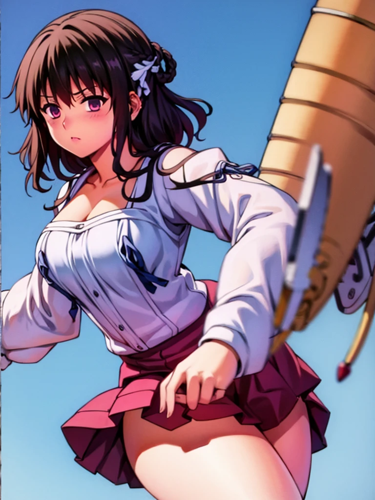 High detailed, 1 girl, solo,brown hair, hair ornament, hair scrunchie, long hair, pink scrunchie, scrunchie, ,purple eyes,  busty, firm curvy body, burgundy shirt, , deep cleavage, Juliet sleeves, pencil skirt, black thighhighs, red gloves, Very prideful expression