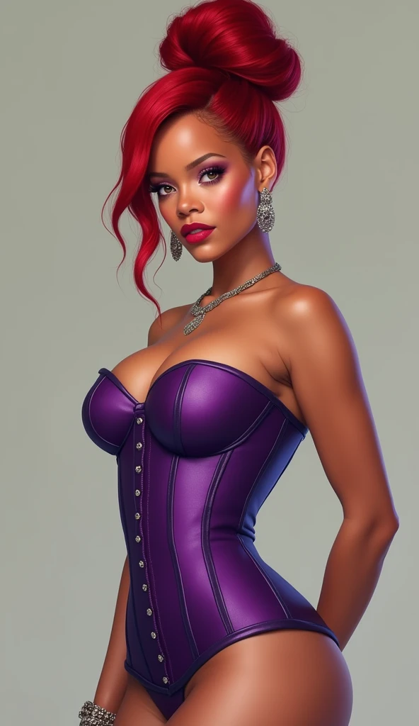 Female 18 years old, piel negra, delgada, small breast, double bun hairstyle, Beautiful, cabello rojo, ojos grandes, azul, labios carnosos, labios rosados, Purple lace lingerie，pantie de encaje morado, muslos pegajosos, medias de red, sexy, mirar, todo el cuerpo, tacones altos, cuerpo completo,  facing Viewer, Detallado, cintura delgada, squat