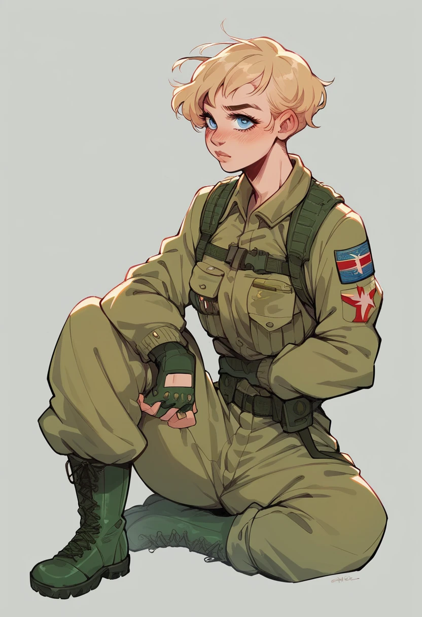 Camael has the appearance of a beautiful young woman with short blonde hair., blue eyes and average height. She wears an olive green combat outfit with knee-high boots and fingerless gloves..