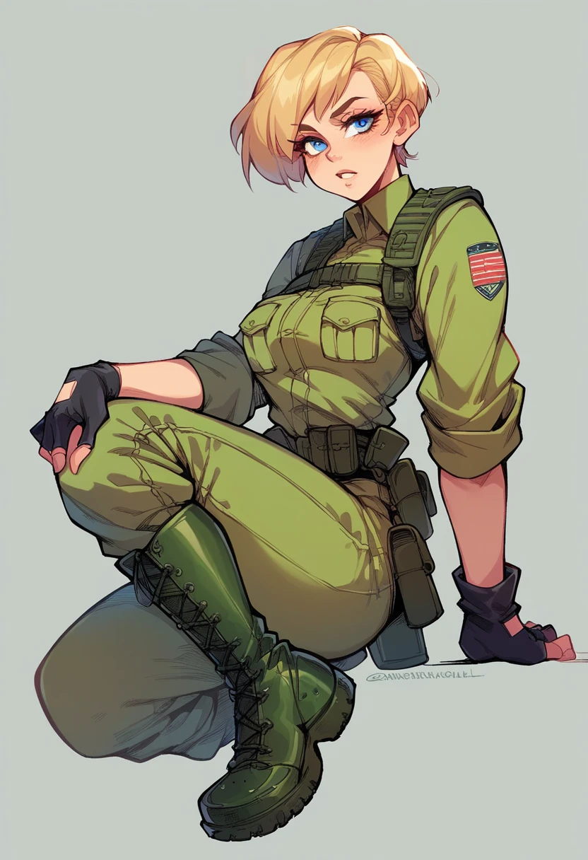 Camael has the appearance of a beautiful young woman with short blonde hair., blue eyes and average height. She wears an olive green combat outfit with knee-high boots and fingerless gloves..