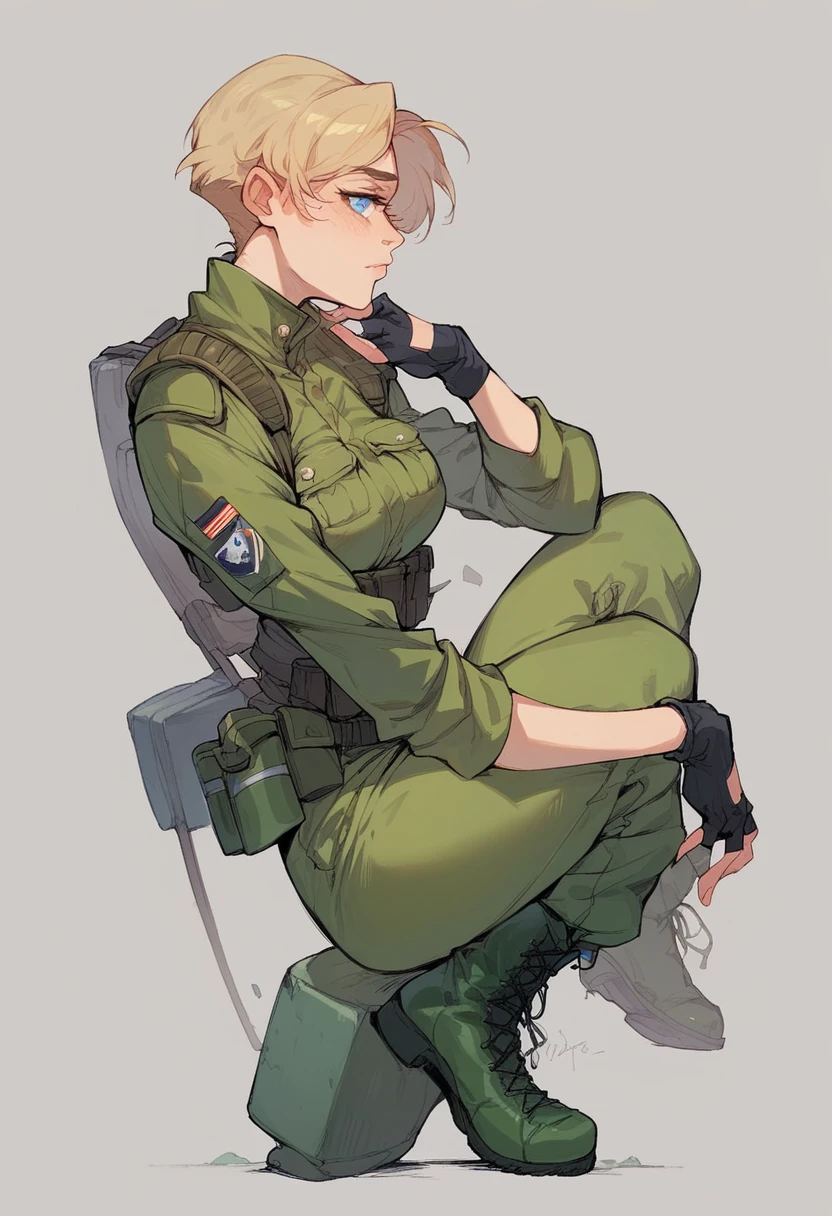 Camael has the appearance of a beautiful young woman with short blonde hair., blue eyes and average height. She wears an olive green combat outfit with knee-high boots and fingerless gloves..