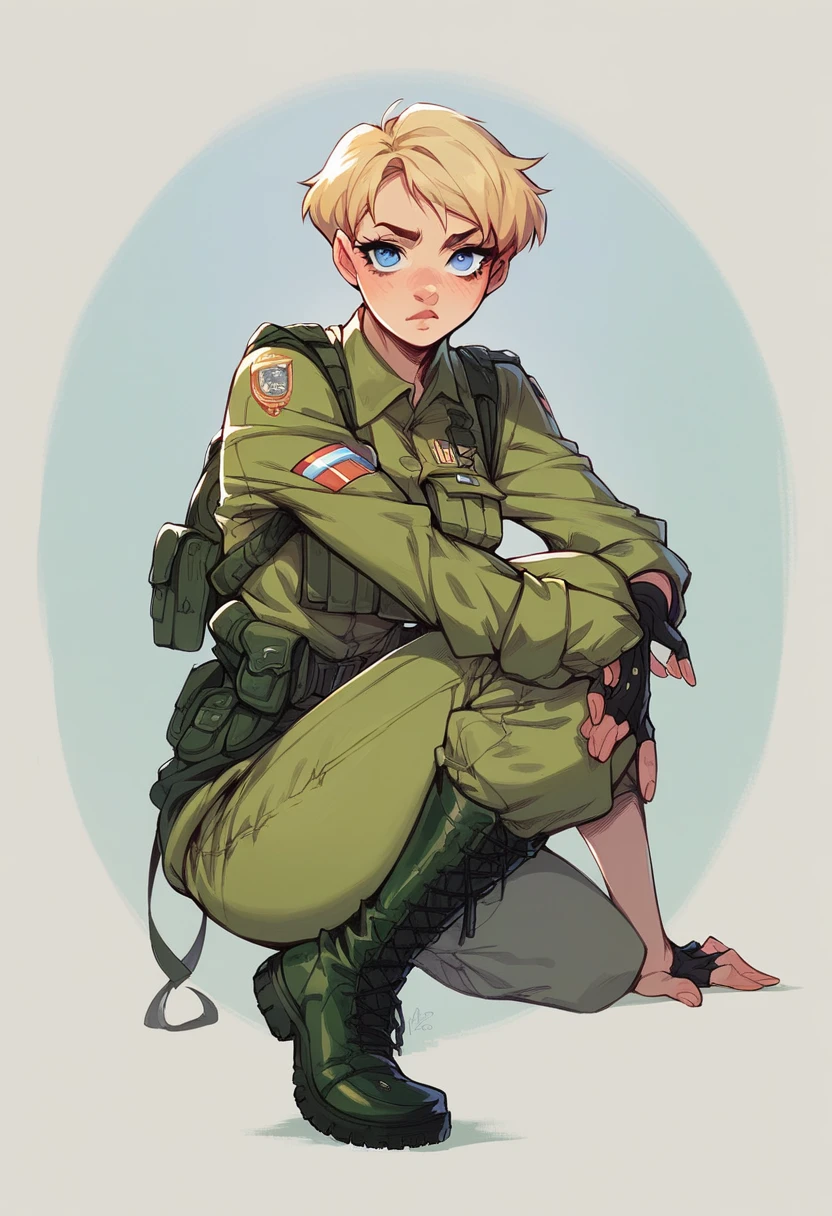 Camael has the appearance of a beautiful young woman with short blonde hair., blue eyes and average height. She wears an olive green combat outfit with knee-high boots and fingerless gloves..