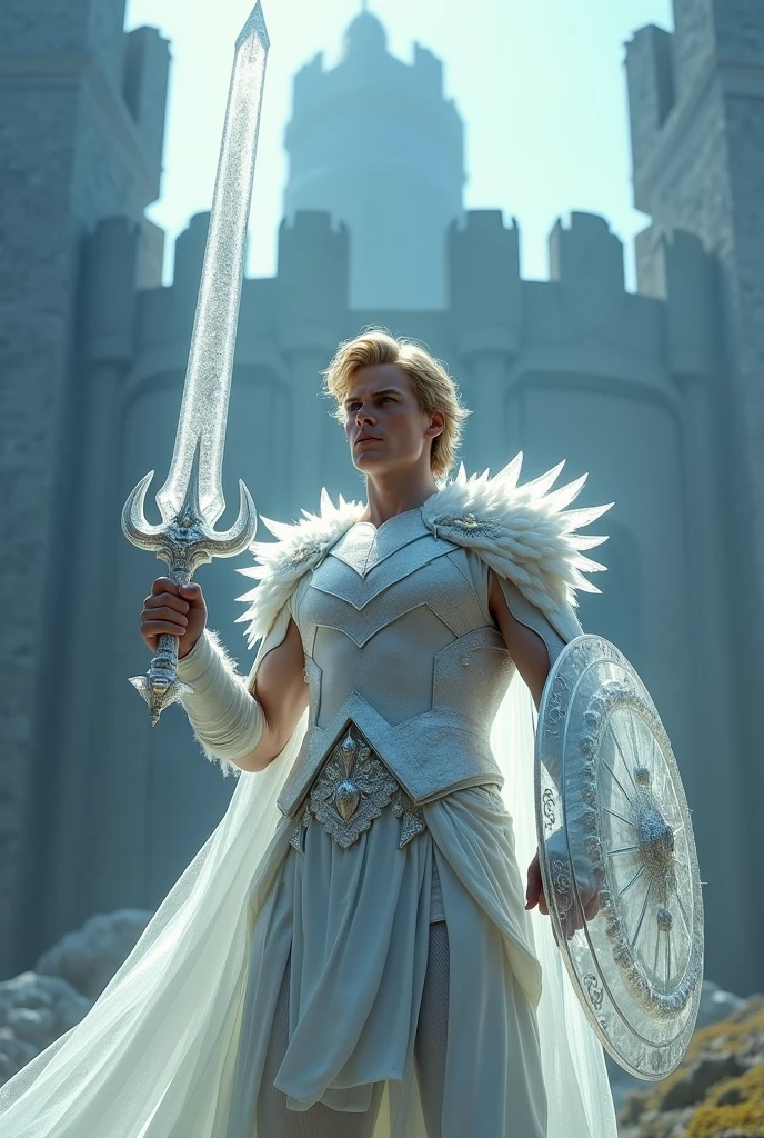 Best Quality,masterpiece,Standing behind a strong fortress,Slim, muscular man in his early 20s,A gentle face with grace and dignity,Clear blue eyes,A strong, stern gaze, transparentなクリスタルの鎧, transparent, In his right hand he holds up a broad, prismatic crystal sword, 左手にはtransparentなクリスタルの盾,Wavy medium length blonde hair,transparentなクリスタルの兜を被っている, Realistic, Dazzling light pours down,High resolution,accurate, Very detailed, 超High resolution, Textured skin, movie,