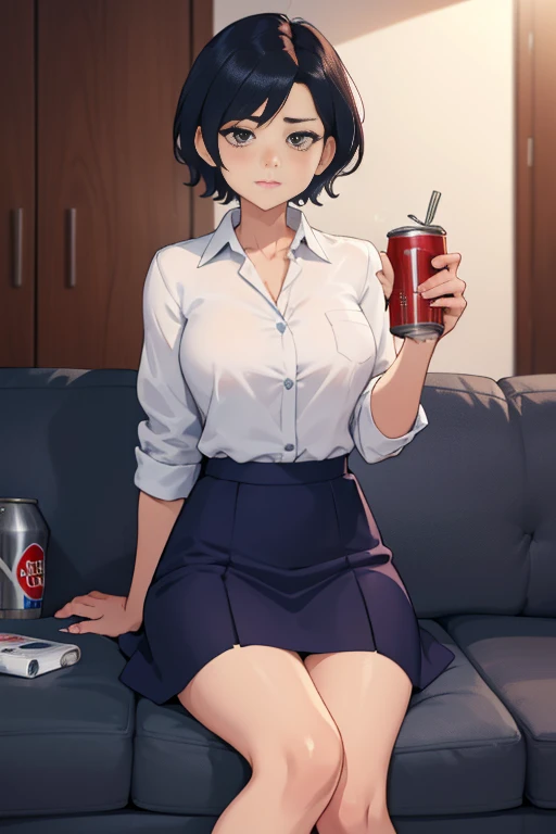 A career woman, 3, wearing a suit、Hairstyle: Short Hair Permanent、Underneath is a tight navy blue skirt、With a tired look on his face, he takes out a can of beer from the refrigerator at home and drinks it.、Hold a can of beer in your right hand、Sit deep on the black sofa