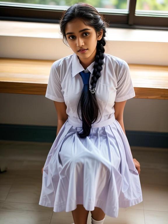 a beautiful cute little school girl in srilanka, detailed white frock, white shoes and socks, braided hair with plait, standing in a classroom, cinematic lighting, hyperrealistic, photorealistic, 8k, masterpiece, warm colors, natural lighting, detailed school uniform, detailed facial features, beautiful eyes, cute expression, high quality, intricate details