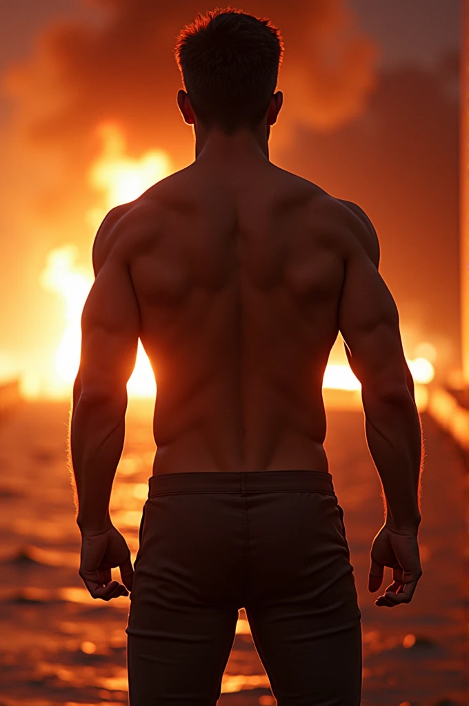 imagem realista de um homem com bastante raiva olhando para frente, um homem raivoso e poderoso com chamas de fogo atras