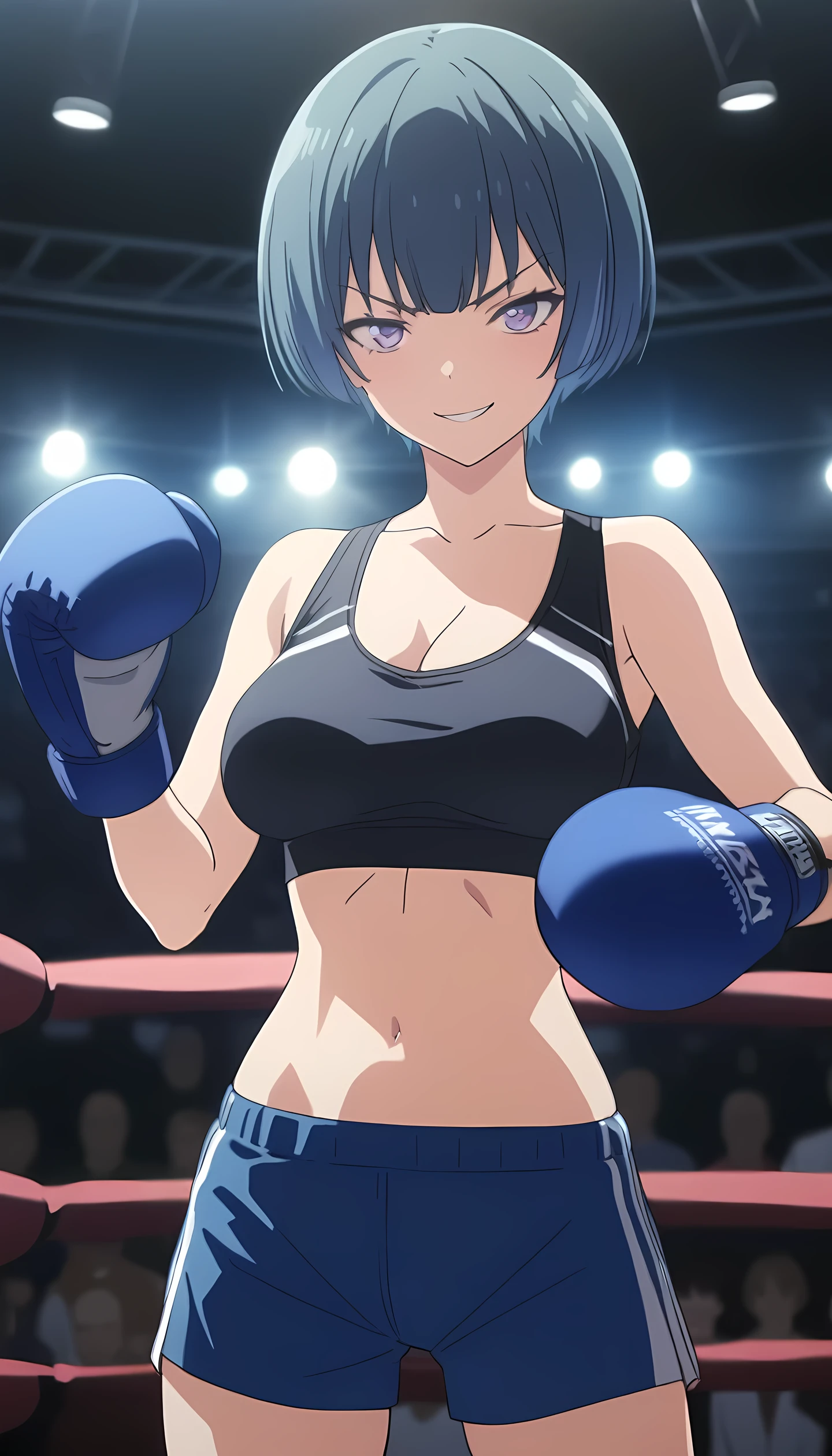 ibuki, 1girl, short hair, bangs, blue hair, purple eyes, midium breast, masterpiece, best quality, (wearing sexy sports wear:1.5, boxing gloves, navel, cleavage), (on MMA Arena :1.5), smirk, Toned stomach, looking at viewer,stage lighting, Ultra HD,Detailed eyes,Detailed face, close-up shot, fighting, anime screencap, realistic background,