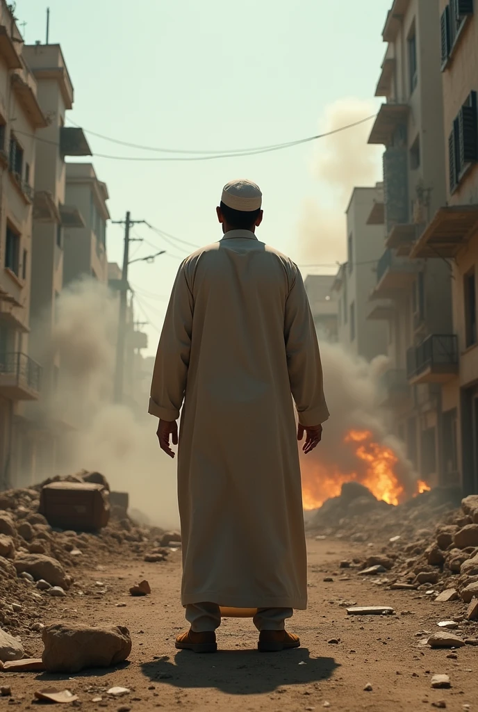 Palestinian Man wearing a black shirt decorated with Palestinian flag fire everywhere ,explosion, divasting buildings. In middle of the street. Realistic photo accurate.